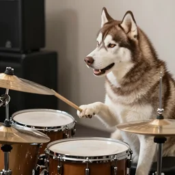 a brown husky playing the drums