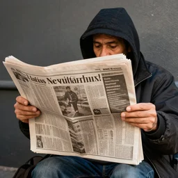homeless read newspaper the right amount of details, the skillful use of light and shadow interesting color choices a believable and appropriate perspective an artistically pleasing composition a ( high ) degree of realism