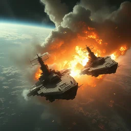 two homeworld style battleships colliding and exploding in space, epic, sweeping, awe - inspiring, art by anders zorn, wonderful masterpiece by greg rutkowski, beautiful cinematic light, american romanticism thomas lawrence, greg rutkowski