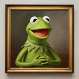 a majestic oil painting of Kermit the Frog by Rembrandt, hanging in the louvre, incredible detail