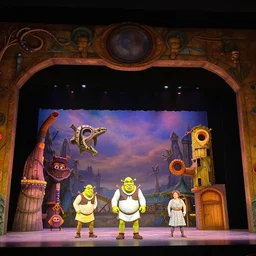 photo of a huge theaterstage, play is shrek, 3 actors on stage, 8 k, multicolored, exaggerated detailed, long shot