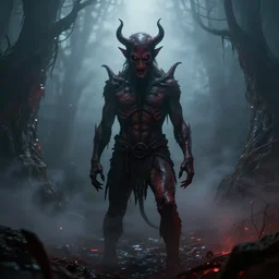 devil, scary, magical area, foggy area, by greg rutkowski, sharp focus, man standing, hell