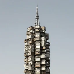 towers made up of suspended brutalist squatter shacks, mamiya, 8 5 mm, uniform plain sky, fine details, photographed by uta barth