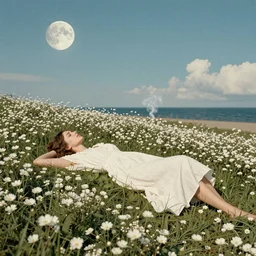 girl lying in a field of flowers, surrounded by white flowers, the sky is the moon, the ground is the sea, clouds and smoke, the girl is wearing a long white dress, the picture is retro, strong decorative style ， by john bauer