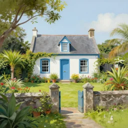 a typical house in a creole garden from reunion island painting by liam wong, trending on artstation