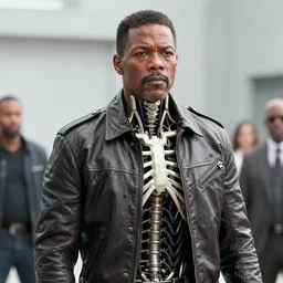 Samuel L. Jackson plays Terminator wearing leather jacket and his endoskeleton is visible, action scene from the film