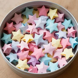 a container full of puffy colored origami stars,