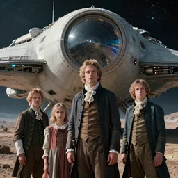 sharp, highly detailed, film from a 2 0 1 9 sci fi 1 6 k movie, set in 1 7 7 0, a family standing in front of their spaceship that has just landed on an alien planet, wearing 1 7 7 0 s clothes, good lighting, in focus, reflective eyes, 3 5 mm macro lens, live action, nice composition
