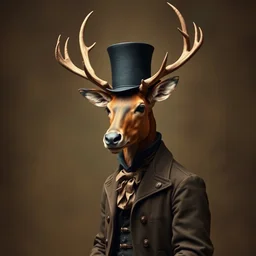 a human deer centaur wearing victorian era clothes and a top hat