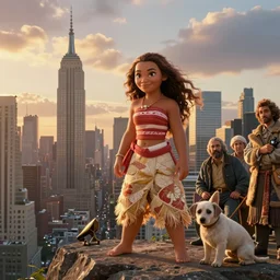 golden hour, epic proportion, beautifull hyper realistic moana in new york, gorgeous lighting by kim jung giu, mucha, bautista and norman rockwell and greg rutkowski and tom bagshaw and james gurney and lucasfilm,