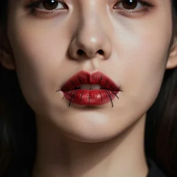 hight focus of a symmetrical portrait of a lady with the lips that are sewn with black thread, dramatic light, cinematic, artstation, poster, octane render 8 k s 1