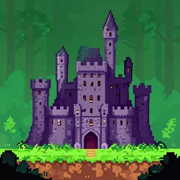 hd snes 2d pixel art of a brutalist castle in a forest
