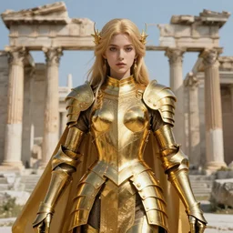 portrait knights of zodiac girl, golden reflected armor, in ruined agora of athens, ssci - fi and fantasy, intricate and very very beautiful and elegant, highly detailed, digital painting, artstation, concept art, frostbite engine, smooth and sharp focus, illustration, art by tian zi and wlop and alphonse mucha