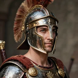 close - up portrait of roman gladiator with helmet and armor, color photograph by jan saudek