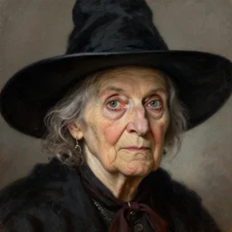 granny weatherwax, an old lady, a witch, with a wise but piercing expression. she is dressed in a black witch hat. beautiful painting with highly detailed face by greg rutkowski and magali villanueve