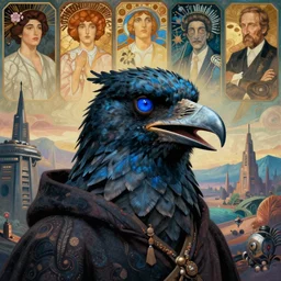realistic detailed portrait movie still of a birdman wearing dark robe, sci fi landscape background by denis villeneuve, amano, yves tanguy, alphonse mucha, ernst haeckel, max ernst, roger dean, masterpiece, rich moody colours, blue eyes, snarling dog teeth