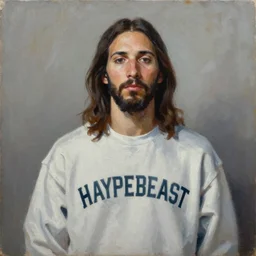 a portrait of jesus wearing hypebeast streetwear by nicola samori, oil painting, realistic, 8 k, fear of god style