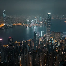 overhead view of a dystopian hong kong city, cinematic lighting, scary mist