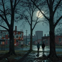 cinematic keyframe matte painting of the trees 1 9 7 0 s vaporwave rust belt city at dusk full moon, just after the rain has cleared. by eric lafforgue, glennray tutor and edward hopper, greg rutkowski. trending on artstation.