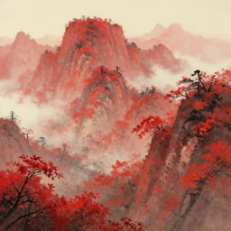 a lot of mountain, maples, oil painting style, red hue, artstation