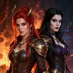 a female pyromancer and a female necromancer standing together, steampunk, fire and darkness background, detailed face, sharp focus, highly detailed, cinematic lighting, studio quality, colorful, smooth render, unreal engine 5 rendered, octane, rendered, by artgerm, greg rutkowski, alphonse mucha