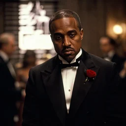 kanye west in the godfather as vito corleone movie still, cinematic lighting, ray tracing, octane render, long lens, shallow depth of field, bokeh, anamorphic lens flare, 8 k, hyper detailed, 3 5 mm film grain,