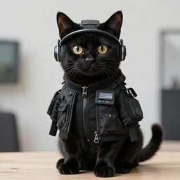a black cat wearing techwear, stylish, instagram, fashion design