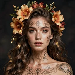 balanced portrait with skin tattooed mystic symbols long flowers nested in the hair, intricate, digital art