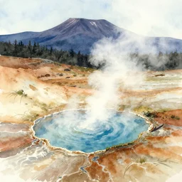 volcanic hot springs pool in the mountains, watercolor painting