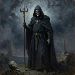 grim reaper full figure under the stormy sky medieval art oil painting
