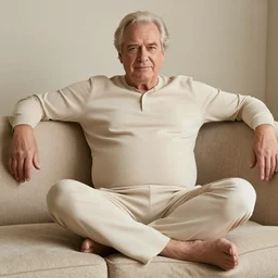 full body photo of older handsome lord richard. he is sitting gracefully on a sofa, he is wear elegant elastic clothes. oh he is a human by the way, wear's beige shirt, has firm skin and big bouncy belly