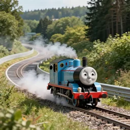 Thomas the Tank Engine, drifting around a corner, smoke trailing out the back, at the Nurburgring Nordschleife setting a hot lap, not train tracks