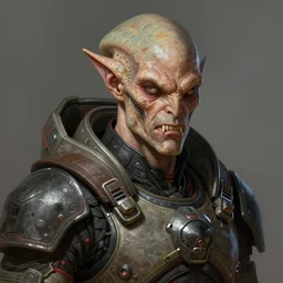 Portrait of an alien man by Greg Rutkowski, hard predatory look pointed ears, prominent jaw and visible fangs, wearing a futuristic space tactical gear that looks like a mix between the samurai, viking and templar aesthetics, mix between tribal and hi-tech, highly detailed portrait, scifi, space opera, digital painting, artstation, concept art, smooth, sharp foccus ilustration, Artstation HQ