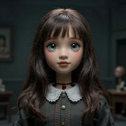 1 9 6 0 s mia farrow as a life size animatronic manaquin by margaret keane, big glass eyes, real hair, dimly lit, liminal space, haunting atmosphere, unrealengine octane render, 8 k