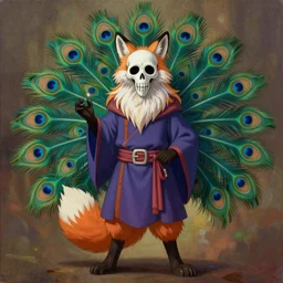 fox furry character, long fluffy fur, skull face mask, peacock mage clothes, 9 peacock tails, painting by genndy tartakovsky, stylized, vhs, 8 0 s, dnd beyond, chromatic aberration, fae,