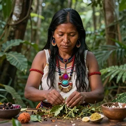 a beautiful portrait of an indigenous woman preparing plant medicines in the jungle, highly detailed, art by vladimir kush