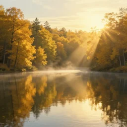 A large, still lake surrounded by trees and forest, golden hour in autumn, volumetric sun rays and dust, water reflection, Thomas Kinkade, Greg Rutkowski, ArtStation, CGSociety, Unreal Engine