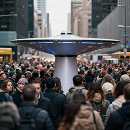 teleportation machine in a crowded and noisy city, with the feeling of being surrounded by people and the noise