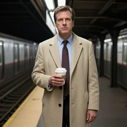 andy richter is standing on a subway platform wearing a beige overcoat and necktie, holding a cup of coffee, faraway shot