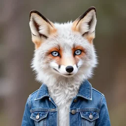 upper half portrait, of a anthropomorphic female snow fox, with short fur covering her body and silver eyes, wearing a denim jacket, in the style of zootopia, far shot, 5 feet away