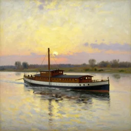 a steamboat in the senna river, impressionism, oil on canvas, natural colors, horizon, golden hour, masterpiece, detailed, by gustave caillebotte