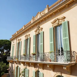 High-quality DSLR photo taken from the balcony of a baroque mansion in the French Riviera, wide angle lens, harsh sunlight