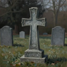 A beautiful painting of a cross headstone, in a old cemetary hyperrealism        dark color scheme