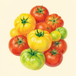 beautiful cluster of red yellow and green tomatoes, hairstyle, by james jean and moebius, pastel colors,