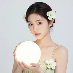 head and shoulders portrait of a flower fairy, holding glowing white orb in hands, flowers in hair, cherry blossoms, heather, snowbells, illustration, watercolor, alan lee, detailed, pretty, ethereal, realistic, refined, beautiful,