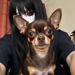 a dark brown chihuahua, hyper detailed, in the style of junji ito and berserk, selfie