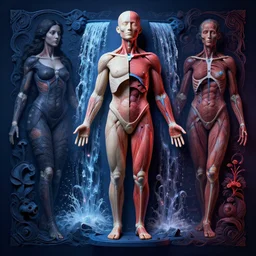 3 d cutaway poster design, full body anatomical model, 3 d photographic render of a deconstructed asymmetric human anatomical correct human body, in hoc signo vinces, waterfall, in the style of leonora carrington, gottfried helnwein, intricate composition, blue light by caravaggio, insanely quality, highly detailed, masterpiece, red light, artstation