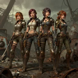 group of 4 scavenger girls in a junkyard, steampunk, gritty, dirty, rusty, high fantasy, high detail, smooth, digital illustration, by rossdraws, artstation
