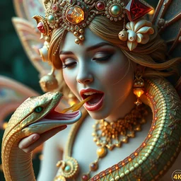 portrait of fairy princess eating a snake, beautiful, attractive, glowing, ornate and intricate, jaw dropping, dynamic lighting, colorful, fairy tale, intricate and detailed, 4 k octane render