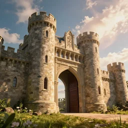 an imposing and highly fantasy gate to castle with windows, cinematic view, epic sky, detailed, concept art, low angle, high detail, warm lighting, volumetric, godrays, vivid, beautiful, trending on artstation, by jordan grimmer, huge scene, grass, art greg rutkowski